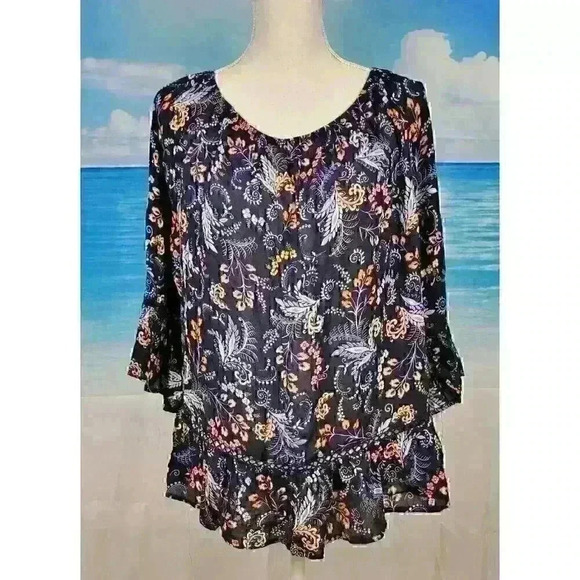BLACK TUNIC Top ON or OFF SHOULDER Ruffle Hem and Cuff Lightweight size 1x XL - Picture 3 of 11